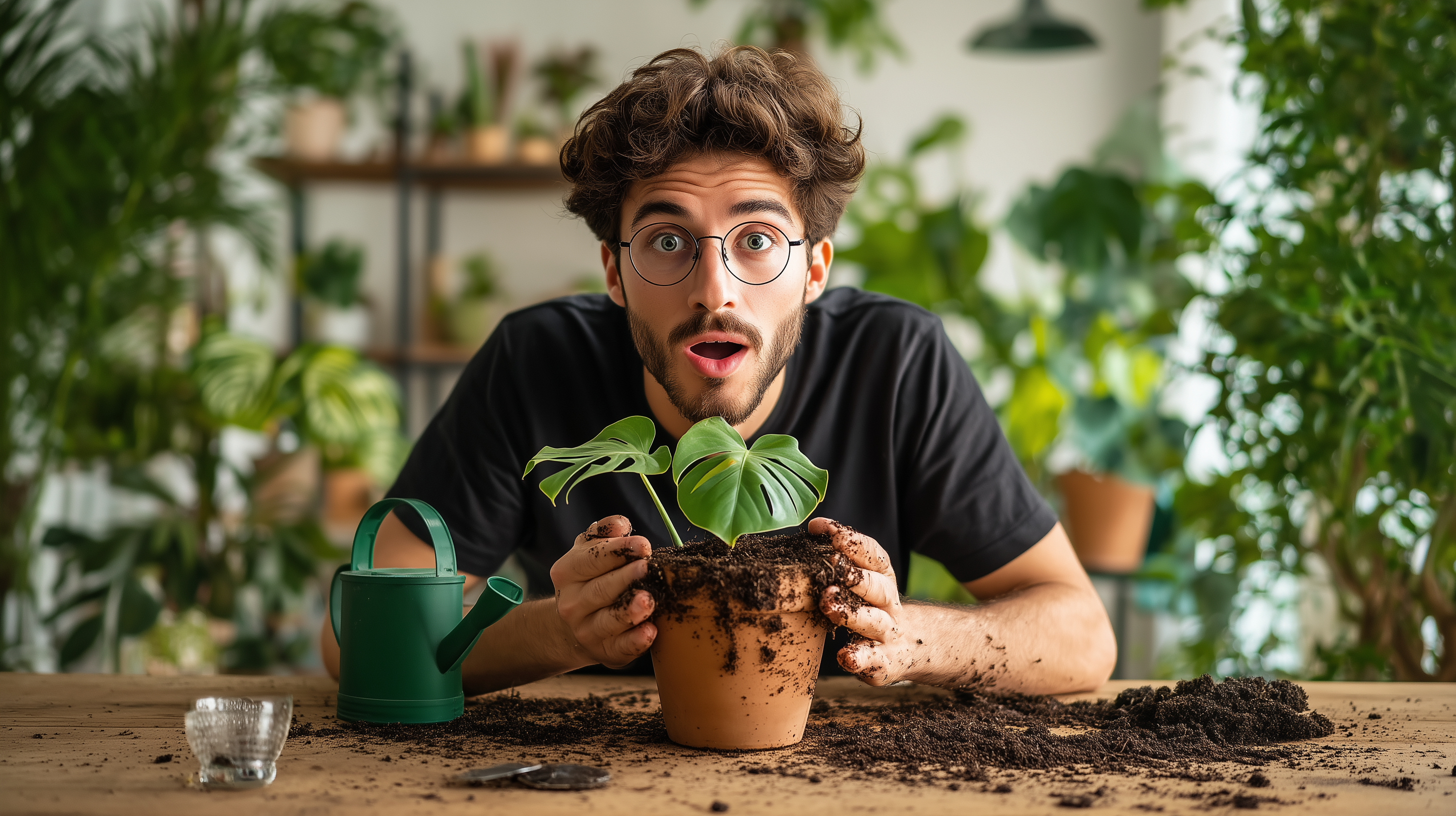 איש שנראה מופתע מנסה להוציא את הצמח מהכד
