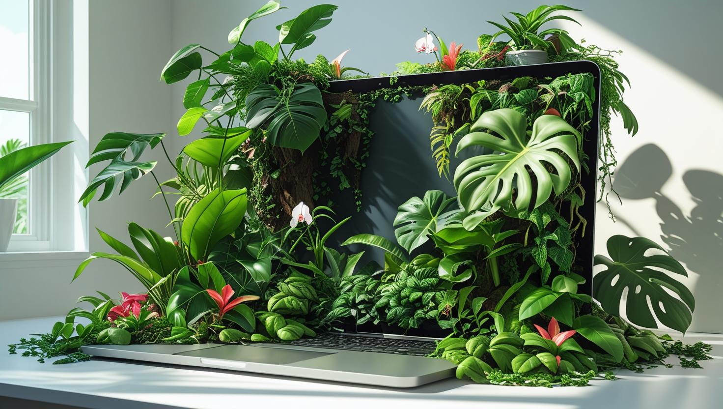 Laptop surrounded by lush green plants on a light surface.