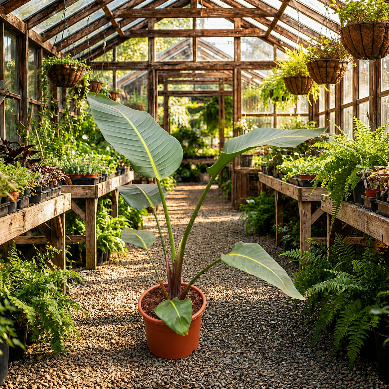 Greenhouse interior with a large potted plant in the foreground